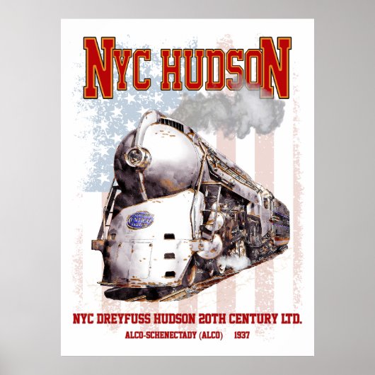 NYCドレフュス・ハドソン機関車 アメリカ国旗 ポスター (正面)