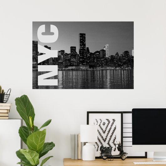 NYCニューヨークシティマンハッタンナイト白黒 ポスター (ホームオフィス)