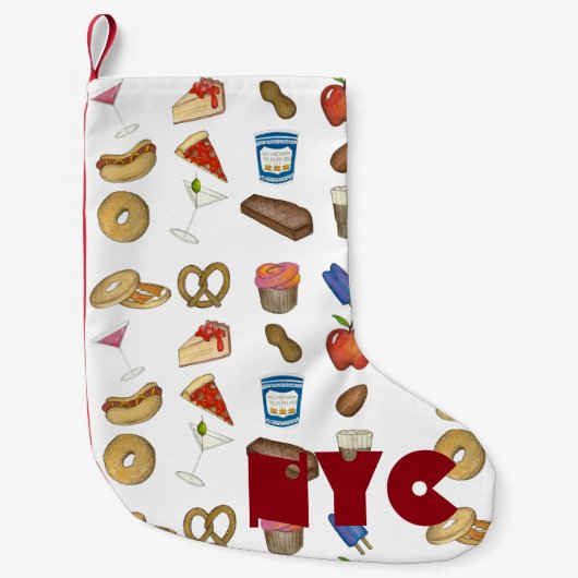 NYCニューヨーク市食品プレッツェルピザベーゲルステーキ スモールクリスマスストッキング (正面)