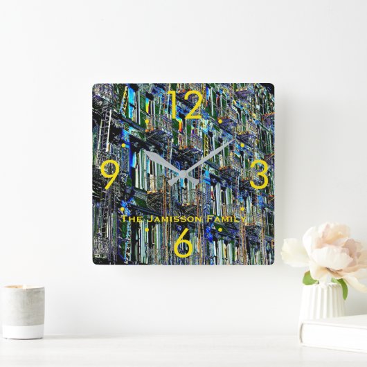 NYCファイアエスケープアーポップ・アートのトモダンラウンドまたはスクエア スクエア壁時計 (ホーム)