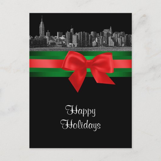 NYCワイドスカイラインエッチングBWクリスマスホリデー2 シーズンポストカード (正面)