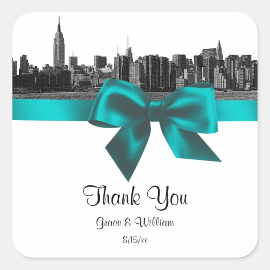 NYCワイドスカイラインエッチングBWティール（緑がかった色）メッセージカード スクエアシール (正面)