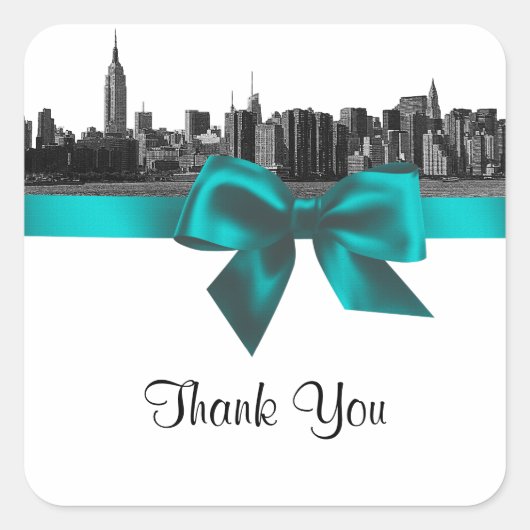 NYCワイドスカイラインエッチングBWティール(緑がかった色)メッセージカード#2 スクエアシール (正面)