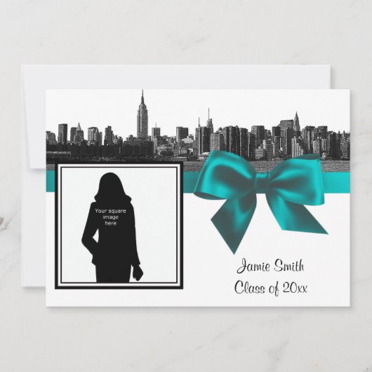 NYCワイドスカイラインエッチングBWティール（緑がかった色）写真卒業 招待状 (正面)