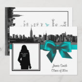 NYCワイドスカイラインエッチングBWティール（緑がかった色）写真卒業 招待状 (正面/裏面)