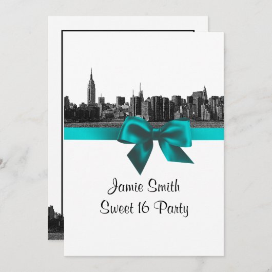 NYCワイドスカイラインエッチングBWティール(緑がかった色)Sweet sixteen 招待状 (正面/裏面)