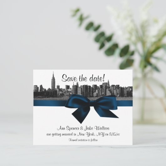 NYCワイドスカイラインエッチングBWネイビーブルー日付を保存 案内ポストカード (スタンド正面)