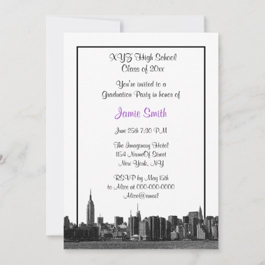 NYCワイドスカイラインエッチングBWパープル写真卒業 招待状 (裏面)