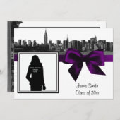 NYCワイドスカイラインエッチングBWパープル写真卒業 招待状 (正面/裏面)
