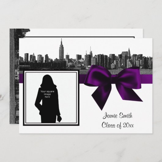 NYCワイドスカイラインエッチングBWパープル写真卒業 招待状 (正面/裏面)