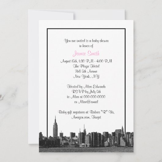 NYCワイドスカイラインエッチングBWピンクベビーシャワー 招待状 (裏面)