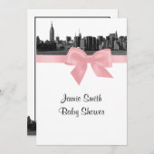 NYCワイドスカイラインエッチングBWピンクベビーシャワー 招待状 (正面/裏面)