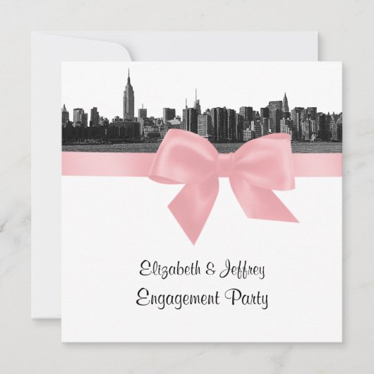 NYCワイドスカイラインエッチングBWピンク婚約Pty SQ 招待状 (正面)