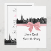 NYCワイドスカイラインエッチングBWピンクSweet sixteen 招待状 (正面/裏面)