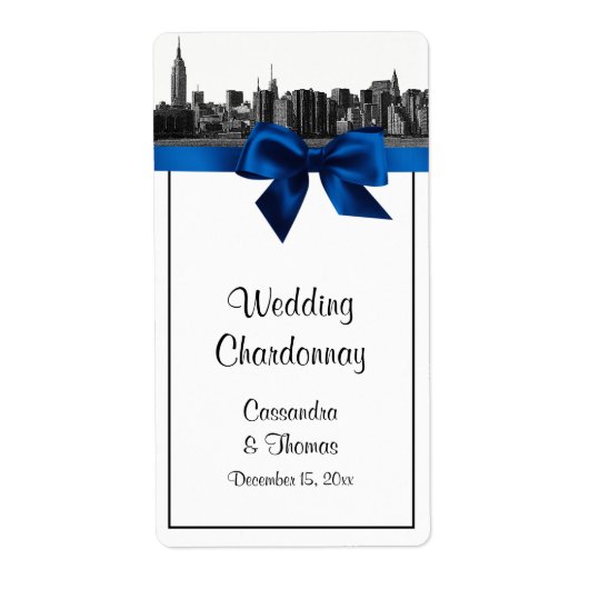 NYCワイドスカイラインエッチングBWブルー王室のワインラベル ラベル (正面)