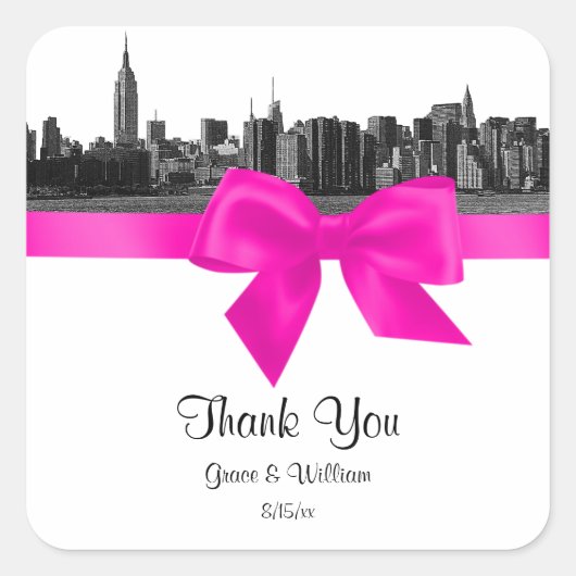 NYCワイドスカイラインエッチングBWホットピンクメッセージカード スクエアシール (正面)