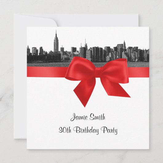NYCワイドスカイラインエッチングBWレッドバースデーパーティーSQ 招待状 (正面)