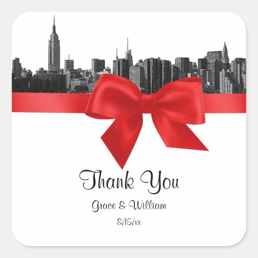 NYCワイドスカイラインエッチングBWレッドメッセージカード スクエアシール (正面)