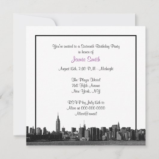 NYCワイドスカイラインエッチングBW薄紫Sweet sixteenSQ 招待状 (裏面)