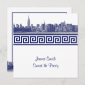 NYCワイドスカイラインエッチングBW GKSweet sixteenSQブルー 招待状 (正面/裏面)