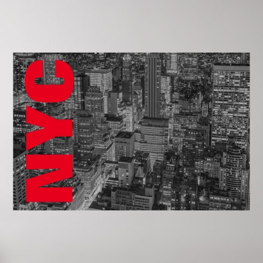 NYC白黒レッドニューヨークシティスカイライン ポスター (正面)