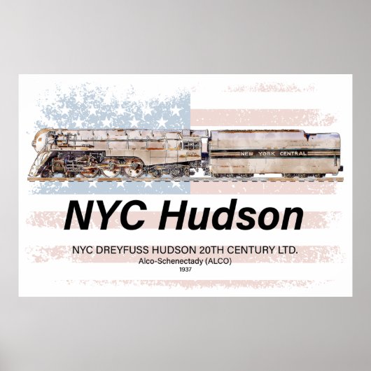 NYC Dreyfuss Hudson Locomotive. American flag ポスター (正面)