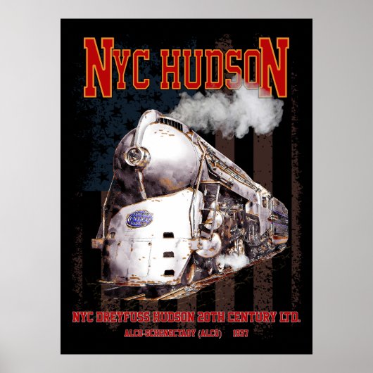 NYC Dreyfuss Hudson Locomotive. American flag ポスター (正面)