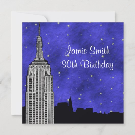 NYC ESBのスカイラインシルエット ブルー スターリーな背景 誕生日 招待状 (正面)