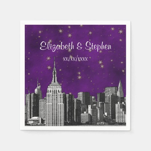 NYC ESBスカイラインエッチパープルスター結婚リー スタンダードカクテルナプキン (正面)