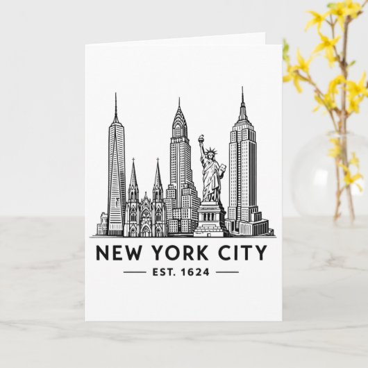 NYC Skyline Illustration with Statue of Liberty カード (黄色い花)