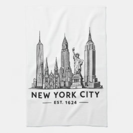 NYC Skyline Illustration with Statue of Liberty キッチンタオル