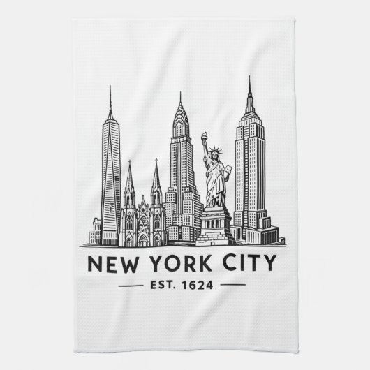 NYC Skyline Illustration with Statue of Liberty キッチンタオル (縦)