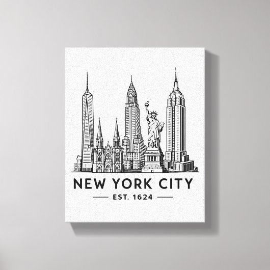 NYC Skyline Illustration with Statue of Liberty キャンバスプリント (正面)