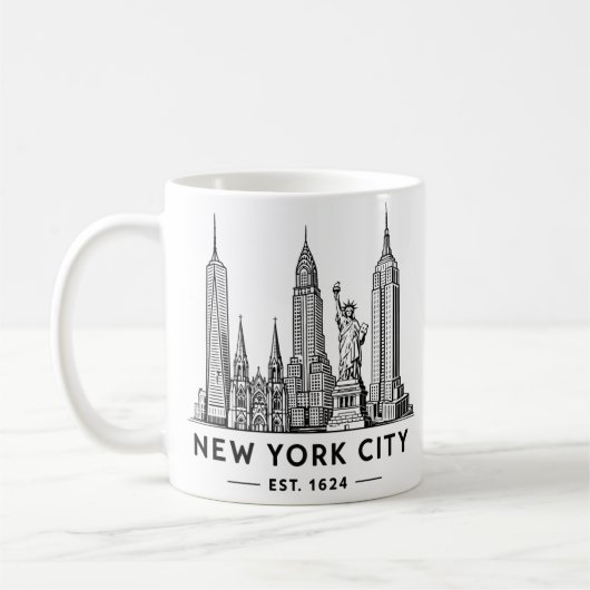 NYC Skyline Illustration with Statue of Liberty コーヒーマグカップ (左)