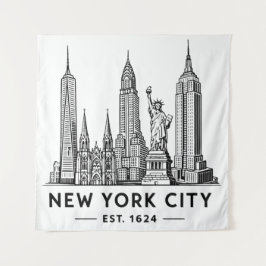 NYC Skyline Illustration with Statue of Liberty タペストリー
