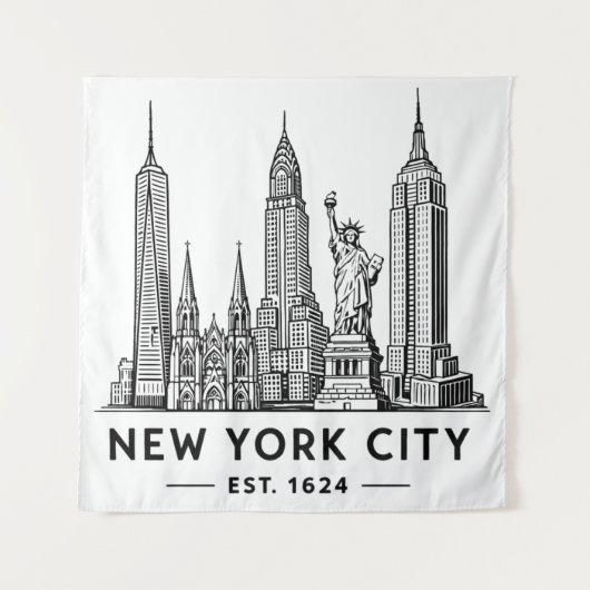 NYC Skyline Illustration with Statue of Liberty タペストリー (正面)