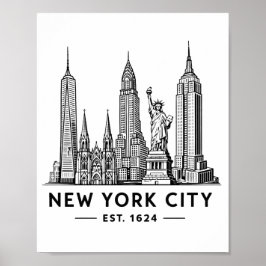 NYC Skyline Illustration with Statue of Liberty ポスター