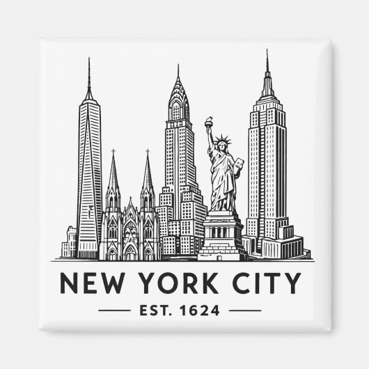NYC Skyline Illustration with Statue of Liberty マグネット (正面)