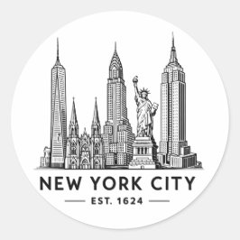 NYC Skyline Illustration with Statue of Liberty ラウンドシール