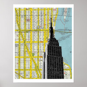 NYC Streetmap Backgroudのエンパイア・ステート・ビルディング ポスター