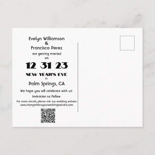 NYE 2023 123123ウェディング日付はがきを保存 ポストカード (裏面)