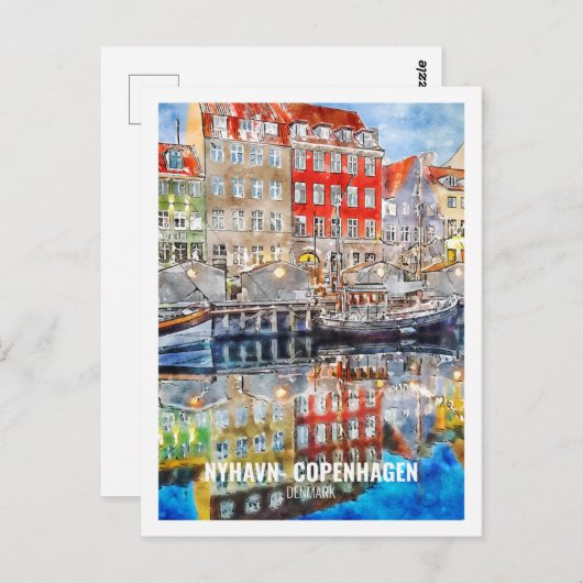 Nyhavnコペンハーゲンデンマーク旅行水の色スケッチ ポストカード (正面/裏面)