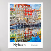 Nyhavnデンマーク旅行水の色の手書き ポスター (正面)