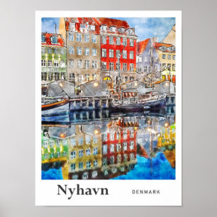 Nyhavnデンマーク旅行水の色の手書き ポスター