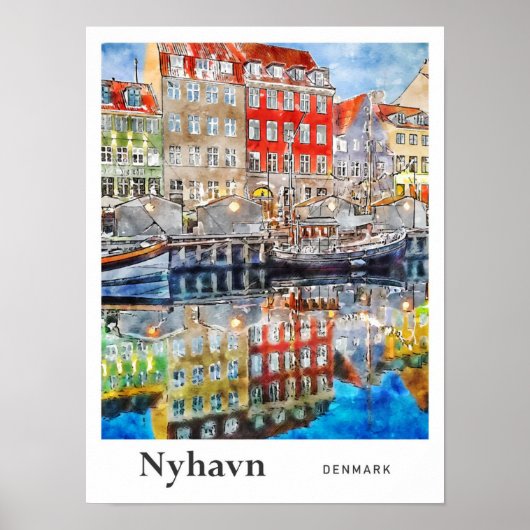 Nyhavnデンマーク旅行水の色の手書き ポスター (正面)