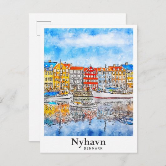 Nyhavnデンマーク水彩手描き ポストカード (正面/裏面)