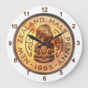 NZニュージーランドの半分のペニーのTikiの時計 ラージ壁時計