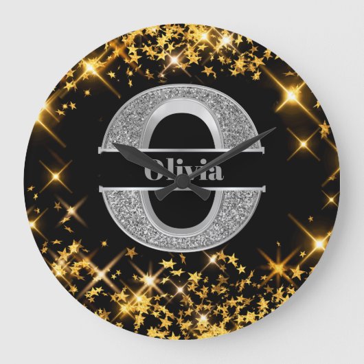 Oイニシャルパーソナライズされたシルバーモノグラムあなたの名前 ラージ壁時計 (正面)