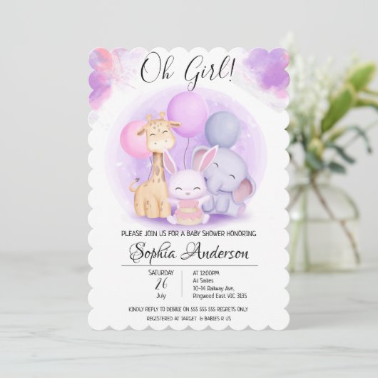 Oガールエレファントキリンうさぎバルーンベビーシャワー 招待状 (スタンド正面)