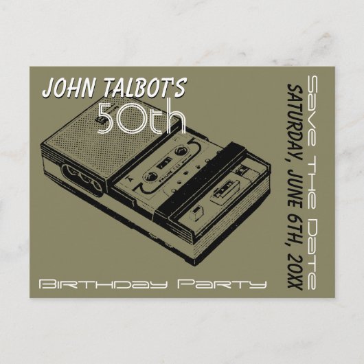 Oテープレコーダー50th誕生日パーティー日付を保存 案内ポストカード (正面)